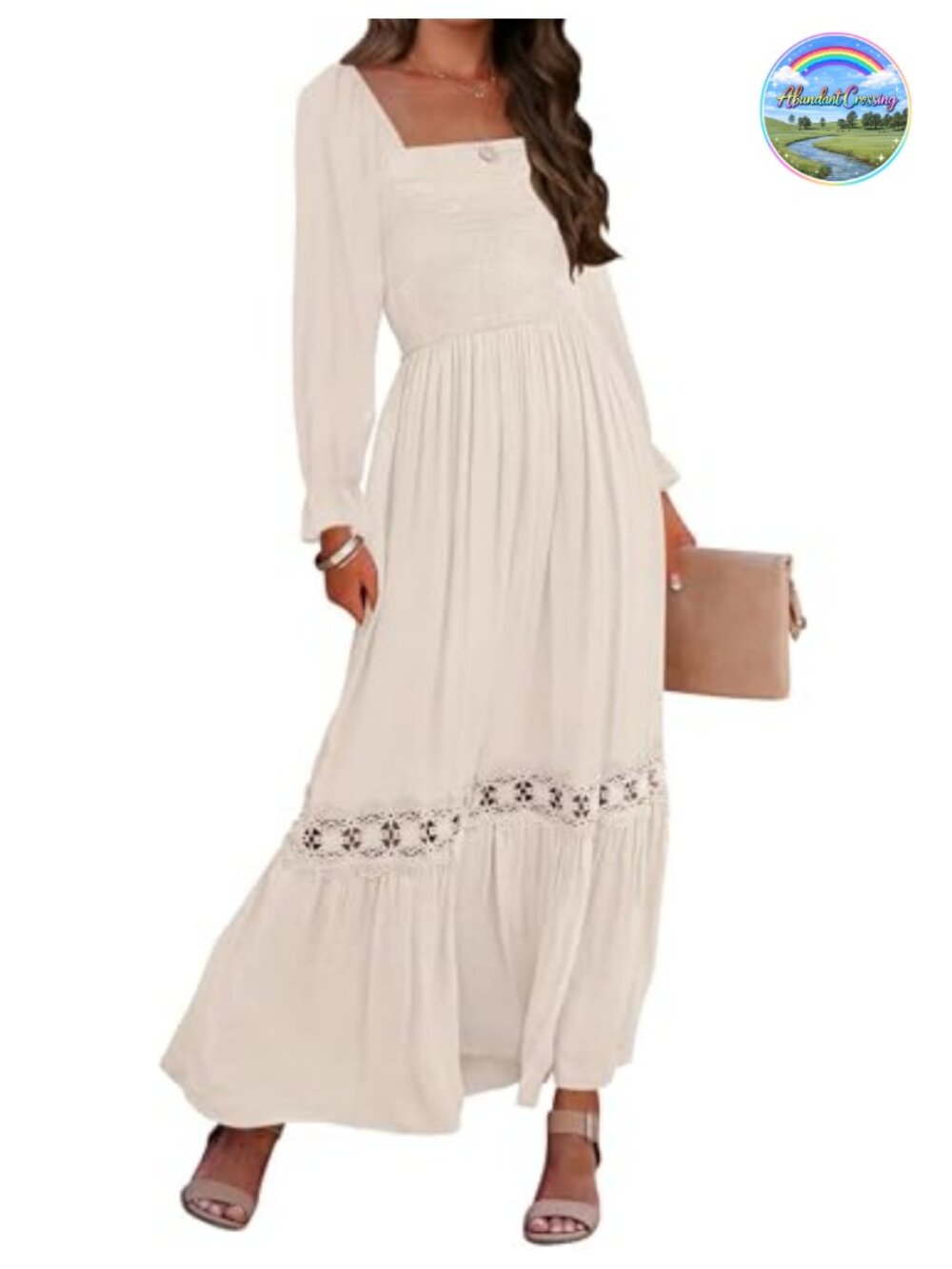 ZESICA Boho Long Sleeve Smocked Maxi Dress with Lace Trim - Women's